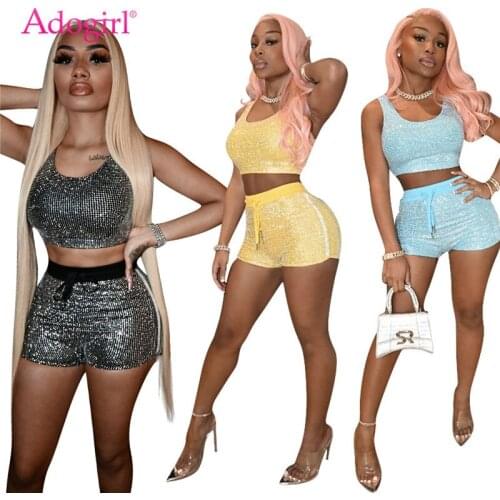 Adogirl Sparkling Gilding Two Piece Set Women Tracksuit Sleeveless Tank Top Vest Shorts Night Club Suit Female Fashion Outfits
