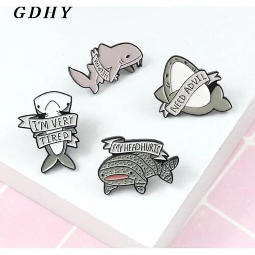 GDHY Shark Tiger Brooch HLEP ME NEED ADVIL,I'M VERY TIRED,MY HEAD HURTS Enamel Pin Backpack Animal Marine Life Badge Gifts