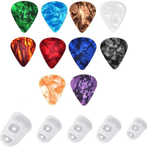 Celluloid Guitar Picks - 10 X Thin Plectrums & Silicone Finger Protectors Guards