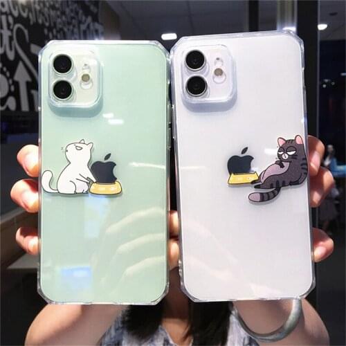 Kowkaka Cute Cartoon Animal Cat Phone Case For iPhone 12 11 Pro Max X XS XR 7 8 Plus Funny Couple Transparent Soft Buck Cover