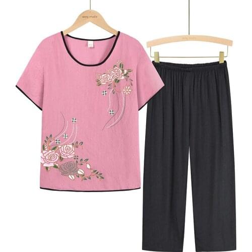 Flower Print New Large Size Womens Pajama Style Suit Pure Casual Nightie Cotton Colorful Short Sleeve Home Wear L-4XL Blue Red