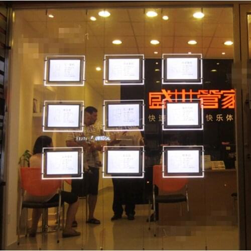 Horizontal A4 Double Sided Acrylic Poster Frame LED Illumianted Panels Real Estate Window Hanging Display Kits