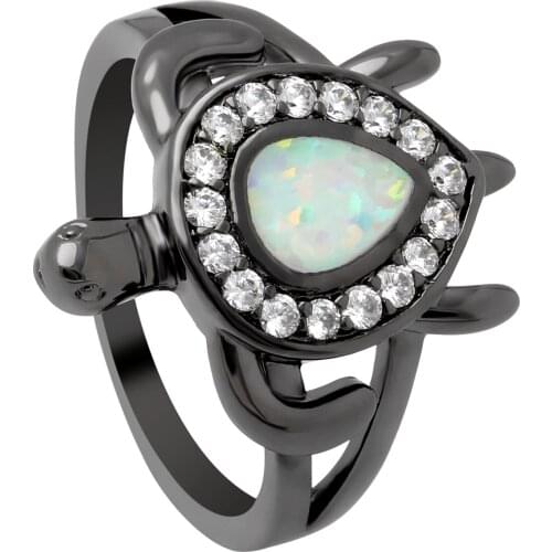 Hainon Unique Tortoise Shape White Fire Opal Rings For Women Men Black Gold Filled Wedding Party Cocktail Ring Valentines Day