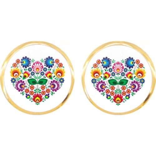 Polish Folk Glass Cabochon Earring Ethnic Jewelry Modern Paper Cutting Element Flower Stud Earrings For Women Girls Gift