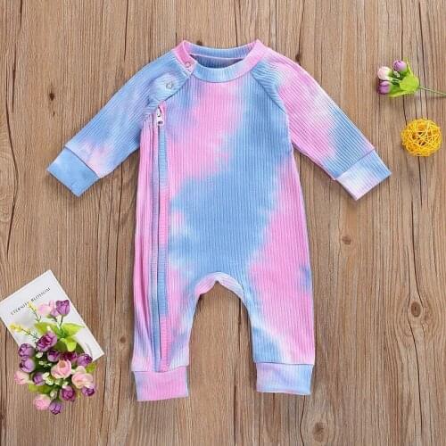 Infant Newborn Baby Girls Boys Ribbed Tie Dye Long Sleeve Romper Zipper Jumpsuits Spring Autumn Clothes Outfits 2021 New Fashion