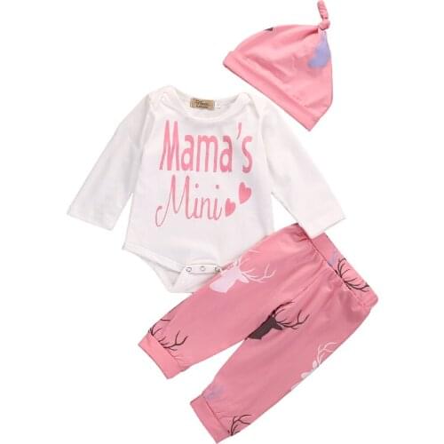 Newborn Romper Set Kids Letters and Deer Printed Suits Baby Girls Boys Letter Printed Jumpsuit with Pants and Hat Baby Outfit