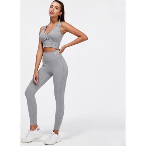 2 Piece Workout Clothes Set Women Sexy V-Neck Hollow Sports Bra + High Waist Leggings Fitness Set Gym Training Running Yoga Set