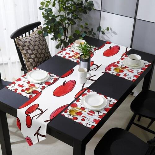 Red Watercolor Cherry Apple White Table Runner Holiday Kitchen Dining Table Runners Place Mats Set for Home Party Decor