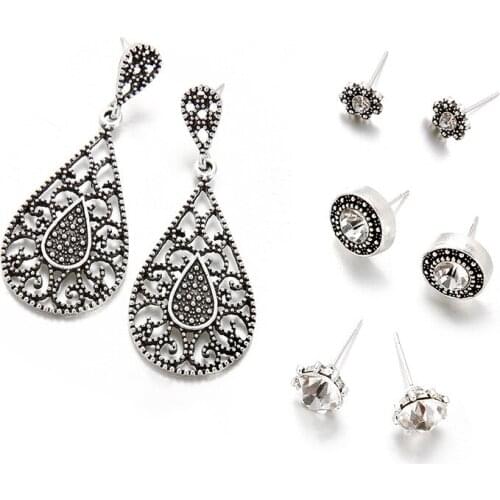 Crystal Stud Earrings Set For Women Jewelry Round Cubic Zirconia Antique Silver Color Flower Dangle Ear Accessories 4 Pairs