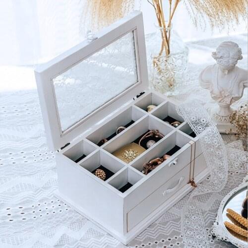 Lace glass top white retro wooden jewellery box with floral carving
