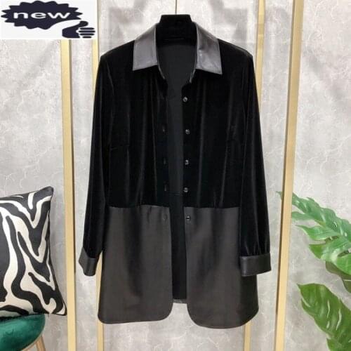 Personality Office Female Genuine Leather Shirt Velvet Black Tops Fashion Splice Button UP Shirts Casual Women Loose Fit Blouses