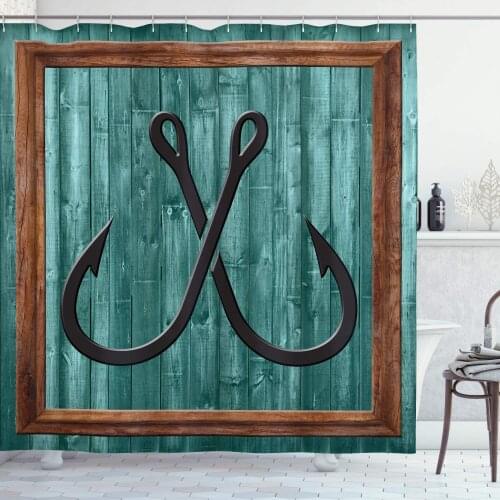 Nautical Shower Curtain Fishing Lures Anchor Modern Abstract Painting Wooden Frame Rustic Bathroom Decor Set with Hooks 70" Long