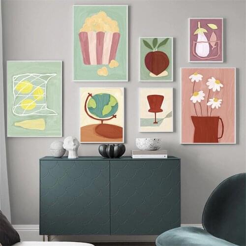 Nordic Fruit Popcorn Food Wall Art Poster Leaf Flower Plant Art Prints Tellurion Canvas Painting Illustration Modern Home Decor