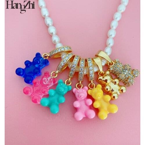 HangZhi 2021 New Trendy Colorful Resin Cute Candy Bear Smiley Pendant Shiny Zircon Pearl Necklace for Women Men Party Jewelry