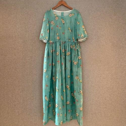 2021 spring and summer new womens wear Chinese national style literature and art ramie print round neck drawstring loose dress