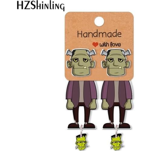 2021 New Arrival Halloween frankenstein Pattern Acrylic Clip Earrings Stud Earrings Resin Epoxy Ear Jewelry