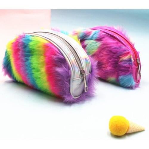 Plush School Pencil Case Colorful Rainbow Pen Box for Girls Pencilcase Large Cartridge Sequin Makeup Penal Bag Stationery Pouch