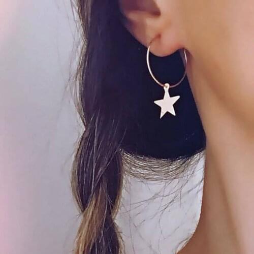 Simple Metal Circle Star Piercing Hoop Earrings for Women Korea Style Small Pendant Charm Ear Studs Cuff Earrings Boho Jewelry