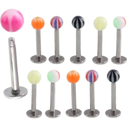 2Pcs/Lot 1.2*8/10/12mm+3mm Mix Color Ball Acrylic Labret Piercing 16G Lip Piercing Stud Tragus Earbone Earrings Body Jewelry