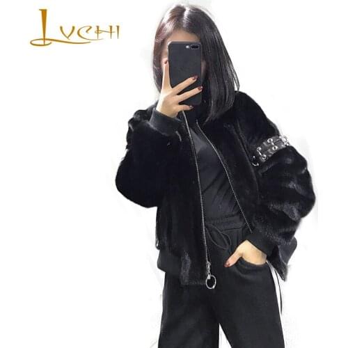 LVCHI Winter2017 Full Pelt Mink Fur Coat Womens Full Sleeve Fur Coat Causal O-Neck Patchwork Pocket Hole Loss Short Mink Coats