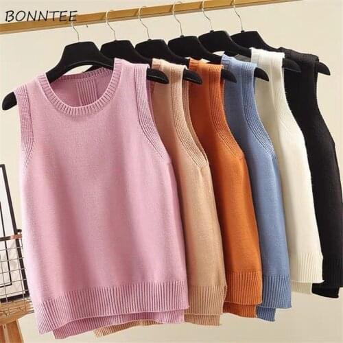Sweater Vests Womens Solid O-neck Loose Sleeveless 6 Colors Plus Size 3XL Preppy Style Ulzzang Trendy Female Elegant All-match