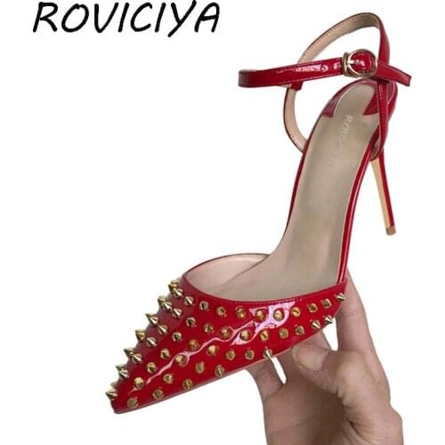 12cm High Heels Slingbacks Sexy Summer Shoes Pointed Toe Rivet Ankle Buckle Strap Ladies Wedding Party Shoes LX007 ROVICIYA