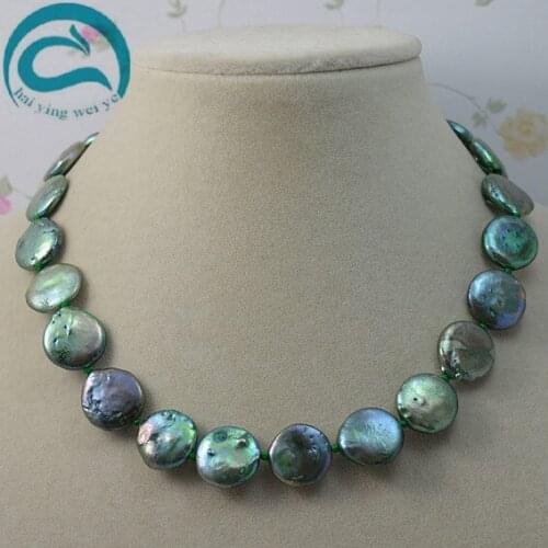 Unique Pearls jewellery Store Green Coin Natural Freshwater Pearl Necklace AA 13-14MM Natural Pearl Woman Fine Jewelry