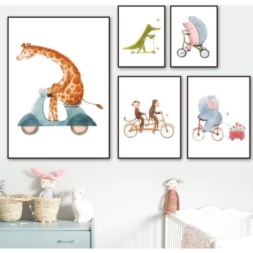 Cycling Animals Giraffe Monkey Elephant Crocodile Nursery Wall Art Print Canvas Painting Nordic Poster Decor Pictures Baby Room
