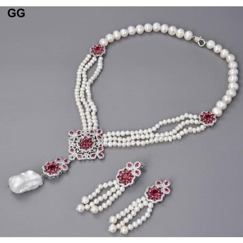 GuaiGuai Jewelry 20" 3 Strands Natural White Pearl CZ Pendant Necklace Earrings Sets For Women