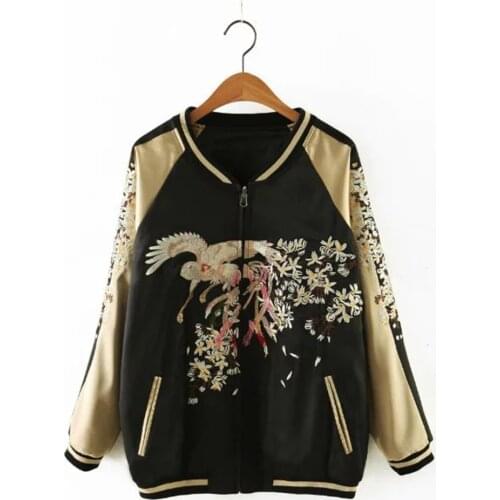 Floral embroidery satin jacket coat Autumn winter street jacket women Casual baseball jackets reversible sukajan 2018