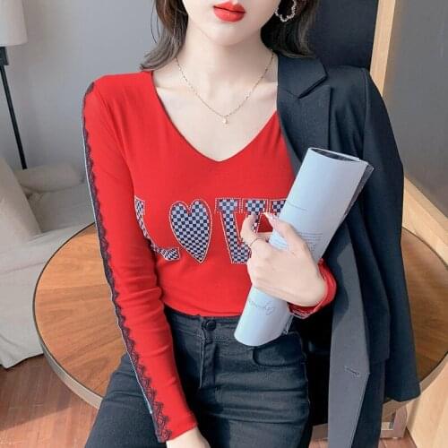 New 2021 Autumn Long Sleeve Womens T-Shirt Fashion V-Neck Long Sleeved Diamond Mesh Tops Plus Size Women Clothing