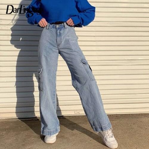 Darlingaga Fashion Straight Denim High Waist Pants Pockets Loose Womens Trousers Cargo Pants Women Casual Jeans Bottom Pantalon