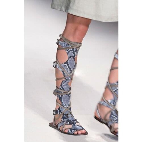 Women Fashion Python Leather Strap Bandage Flat Sandal Boots Peep Toe Buckle Knee High Summer Boots Gladiator Cut Out Booties