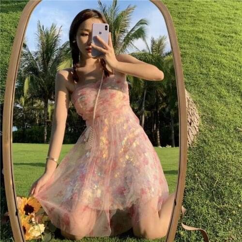 2021 Japanese Summer Rainbow Sequined Dress Women Sexy Backless Pink Holiday Dress Sleeveless Mesh Sundress Retro Lolita Dresses
