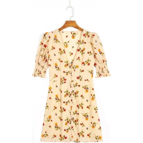 Summer womens dress casual flower print V-neck short-sleeved slim dress Vestidos