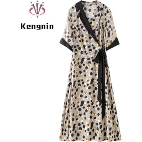 New Silk Womens Dresses 2021 Summer Print Flowers Ladies Vestidos Dress Notched Elegant Female Sashes Robe Dresses KE1113