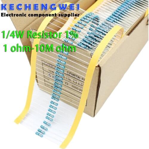 100pcs 1/4W 1R~22M 1% Metal film resistor 100R 220R 1K 1.5K 2.2K 4.7K 10K 22K 47K 100K 100 220 1K5 2K2 4K7 ohm resistance
