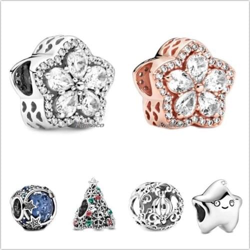 925 Sterling Silver Celestial Blue Sparkling Stars Charm Bead Fit Women Pandora Bracelet & Necklace Jewelry