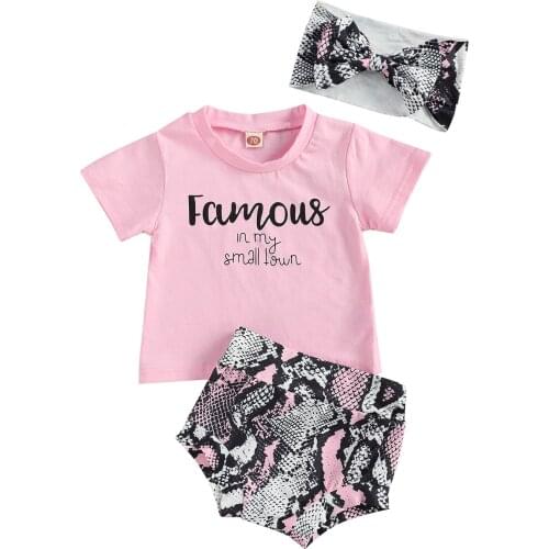 Citgeett Summer 0-24M Baby Girl 3Pcs Set Letter Print Pink Short Sleeve T-shirt+Pattern Shorts+Headband Clothes Set