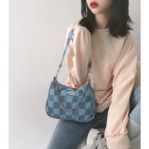 Women Denim Blue Checkered Shoulder Bags Vintage Chic Canvas Chain Handbags Female Casual Letter Embroidery Cloth Messenger Bag