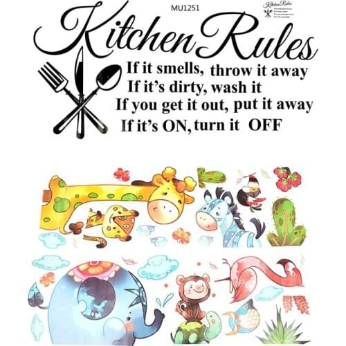 Hot YO-Kitchen Rules Restaurant Wall Sticker Black & Cartoon Animal Party Wall Stickers Decal Kids Adhesive Wallpaper Mural