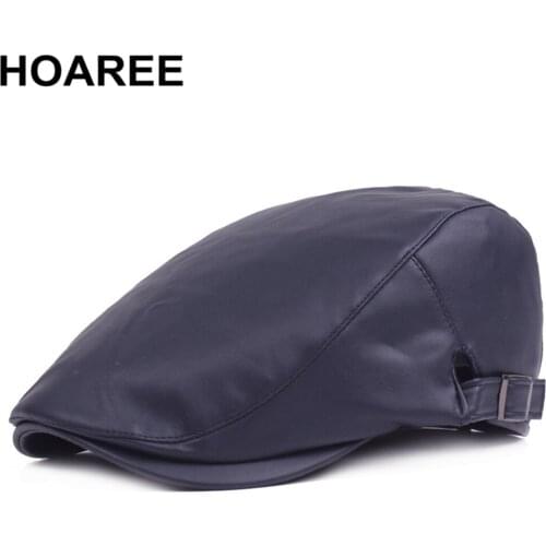 HOAREE Winter Hat PU Leather Dark Blue Mens Beret Retro Casual Warm Autumn Winter Male Solid 2021 New Adjustable Flat Cap