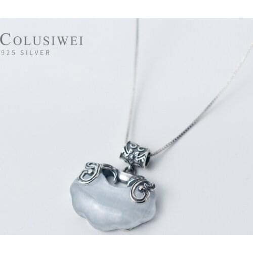 COLUSIWEI Vintage Genuine 925 Sterling Silver Colorful Opal Longevity Lock Pendant Necklace for Women Fine Jewelry No Necklace
