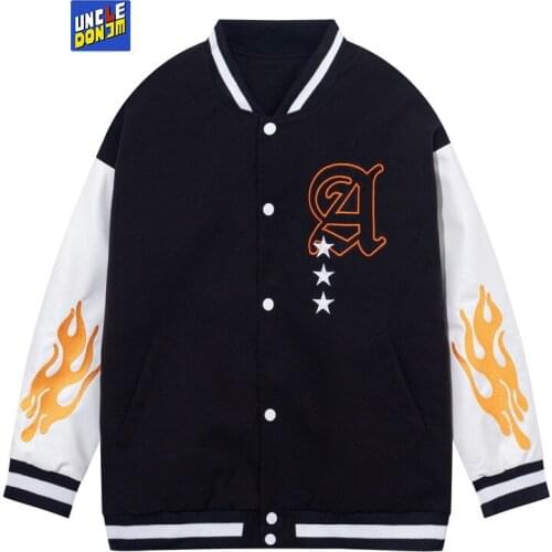 UNCLLEDONJM Flame Embroidery bomber jacket colour block jacket men japanese fashion retro clothes men clothing 822