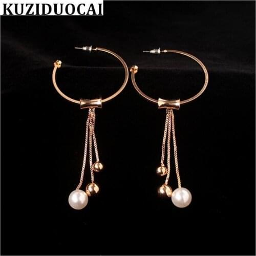 Kuziduocai Fashion Fine Jewelry Large Circle Pearl Copper Gold Color Tassel Stud Earrings For Women And Ladies Gift E-394
