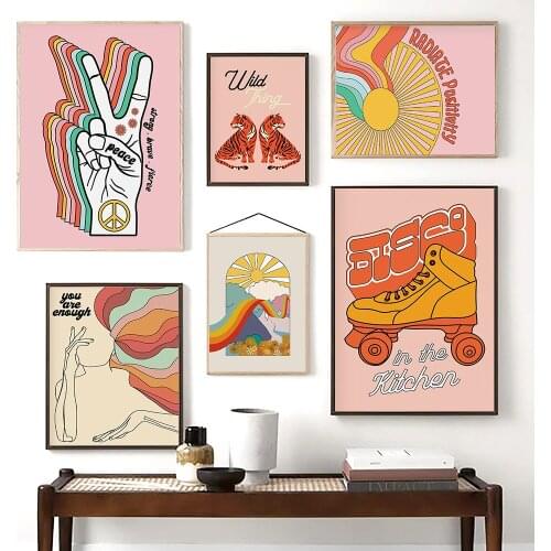 Cartoon Feminist Peace Sign Rainbow Poster Wall Art Print Picture Sun Line Quote Canvas Painting Wild Tiger Kids Room Home Decor