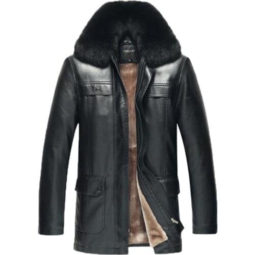 Mens leather jacket autumn motorcycle coat men warm jackets Mid-length fur collar clothes winter jaqueta de couro black