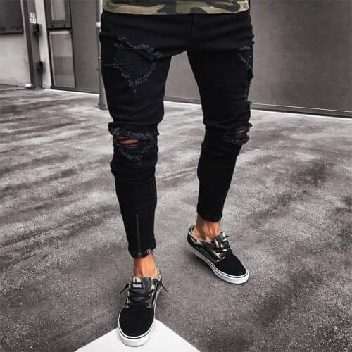 Mens Ripped Denim Pants Fashion Skinny Slim Fit Black Pants Mens Streetwear Ankle-Length Destroyed Frayed Holes Trousers