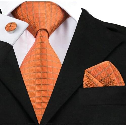 2017 Fashion Darkorange Burlywood Plaid Tie Hanky Cufflinks 100% Silk Necktie Ties For Men Formal Business Wedding Party C-464