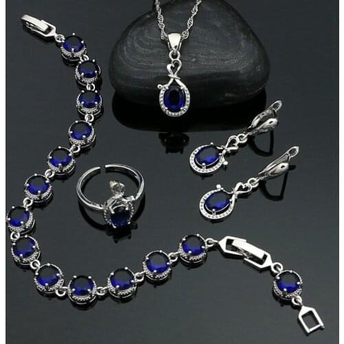Sapphire 925 Sterling Silver Jewelry Set Drop Earrings Pendant Ring Bracelet Chain Party Accessories for Women